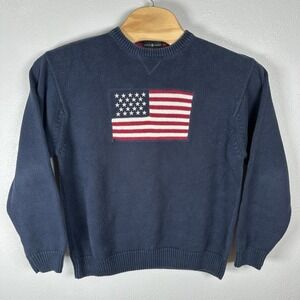 Cotton Traders 100% Cotton Knit American Flag Sweater Mens Medium Navy Blue